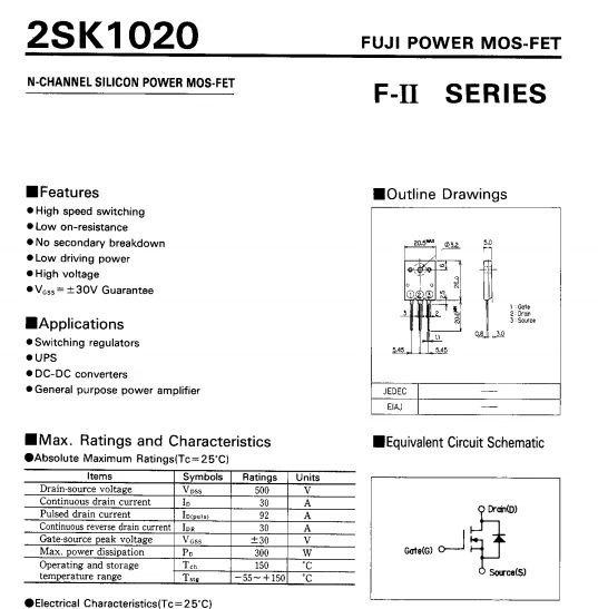 2SK1020 2SK1019 полевой эффектный транзистор 500В/30А высокомощный MOS-транзистор K1020