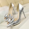 Korean sweet high heeled shoes thin heel high heel shallow mouth pointed sexy hollow patent leather bow women’s single s