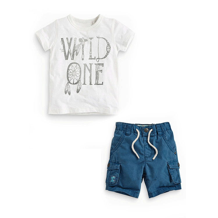 一件代发外贸男童新款中小童白色字母印花短袖T恤+短裤童套装