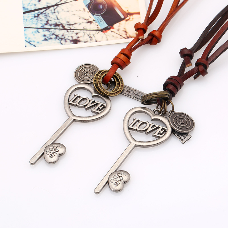 Vintage leather rope necklace womenu0027s long sweater chain alloy LOVE long key leather necklace