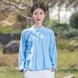 2020中国风女装 复古棉麻长袖上衣立领盘扣修身茶服打底衫女衬衫