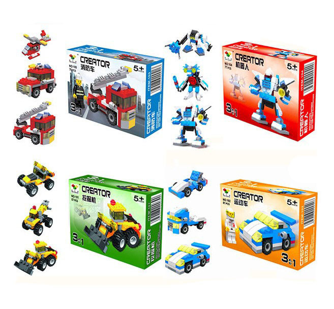 益智塑料积木101-104拼插拼装三合一变形车机器人儿童玩具|ru