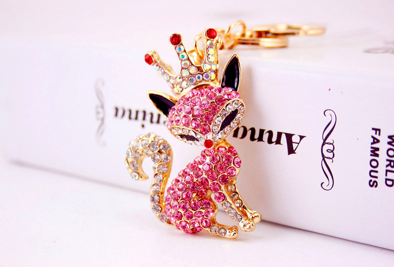 36g Weight Alloy, Metal Material Fox Pattern Unisex Gender Pink, Purple, Red, Blue, Black Color Korean Creative Cute Cartoon Crystal Crown Little Fox Keychain 3