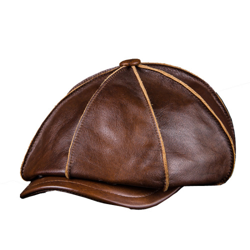 Factory direct selling beret men's Haining genuine leather first layer cowhide outdoor winter warm octagonal hat origin source