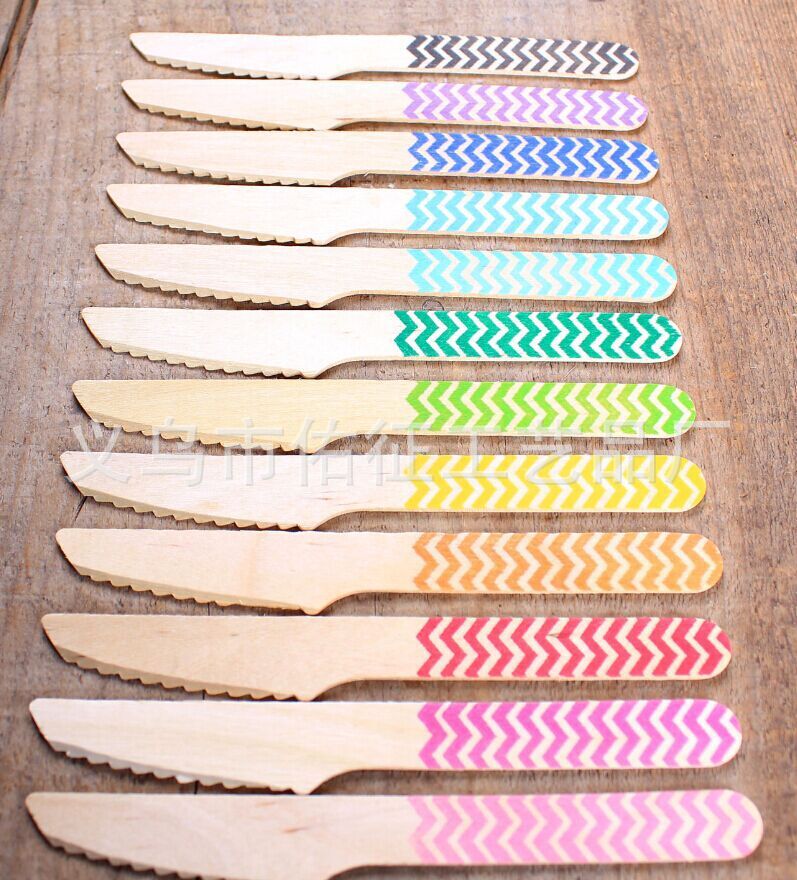 Stamped Wooden Cutlery Set Chevron disposable Bokken colour Moire birthday