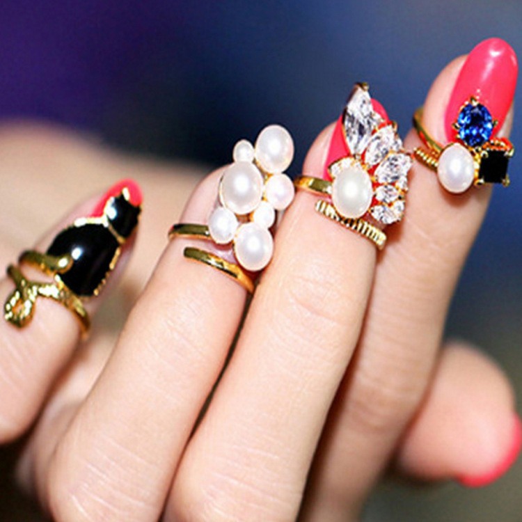 韩国新款多样珍珠水钻 指甲戒指女混搭时尚韩版夸张饰品 厂家现货