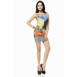 数码印花时尚美丽的水粉画印花性感背心铅笔裙 NJ33009 一件代发