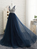 New deep blue long banquet dress double shoulder Korean bride wedding dresses