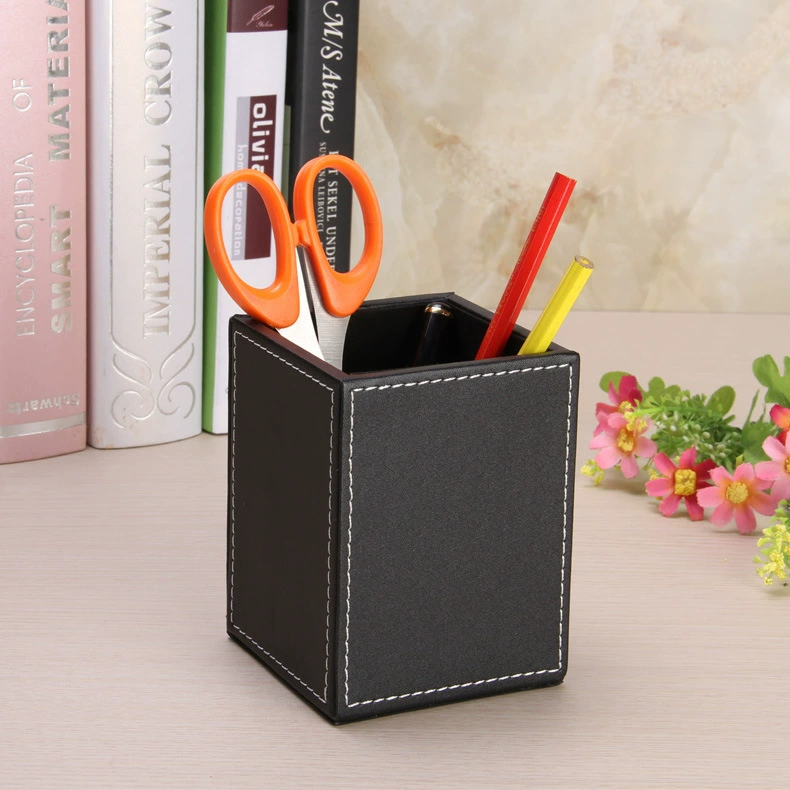 Wooden desk office pen holder with personalized name card holder, multi-purpose creative PU leather pen cup, factory