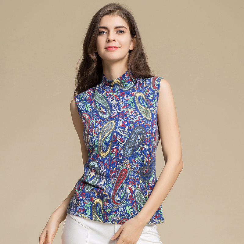 Womens Spring Silk Sleeveless Turtleneck Top Knitted Floral Print Slim Fit Lightweight Casual Wear Wholesale