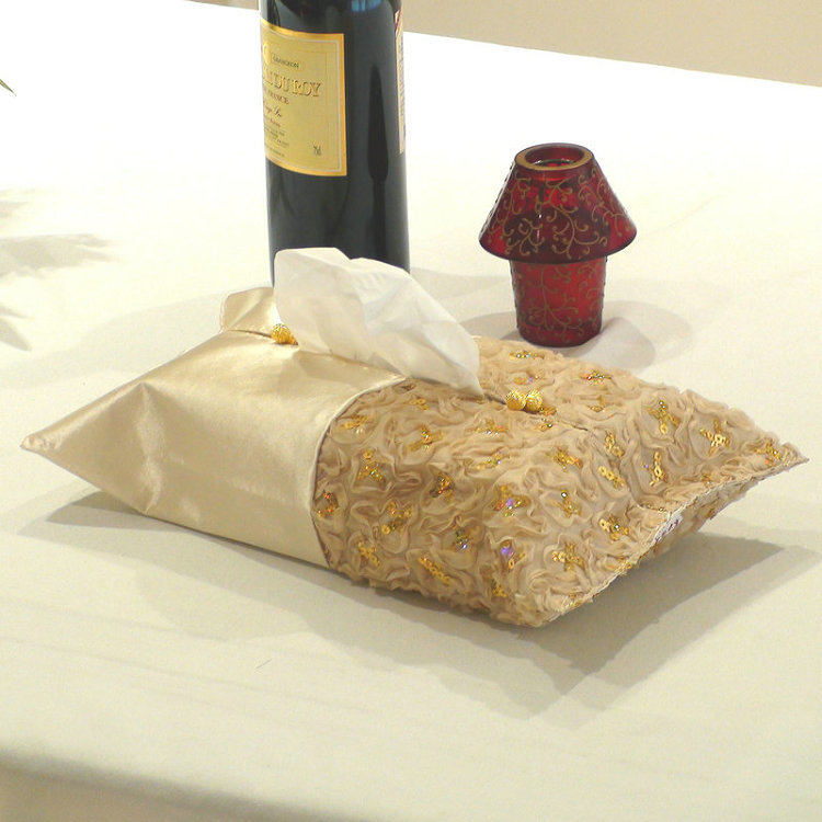 Rui Shi can European style Satin Sequins Fabric art Tissue box cover Champagne Gold Dribbling embroidery French design Selling