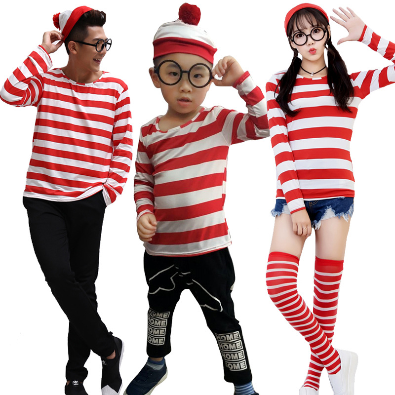 沃里 Where's Wally 男款情侣服影楼艺术照全家福儿童条纹圣诞装