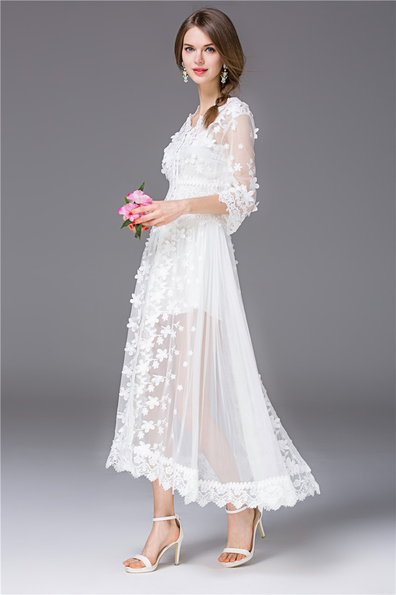 衣裙_立体白色蕾丝网纱连衣裙女长裙两件套t2