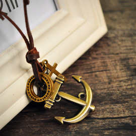 韩版时尚饰品批发 复古船勾金属吊坠 男女通用超纤皮项链