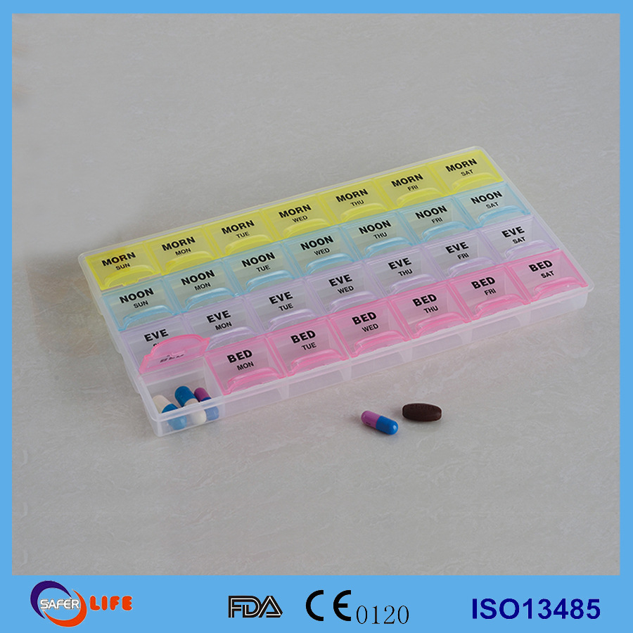 高质量环保食品级PP料一周4排28格翻盖药盒 家庭装保健品收纳盒