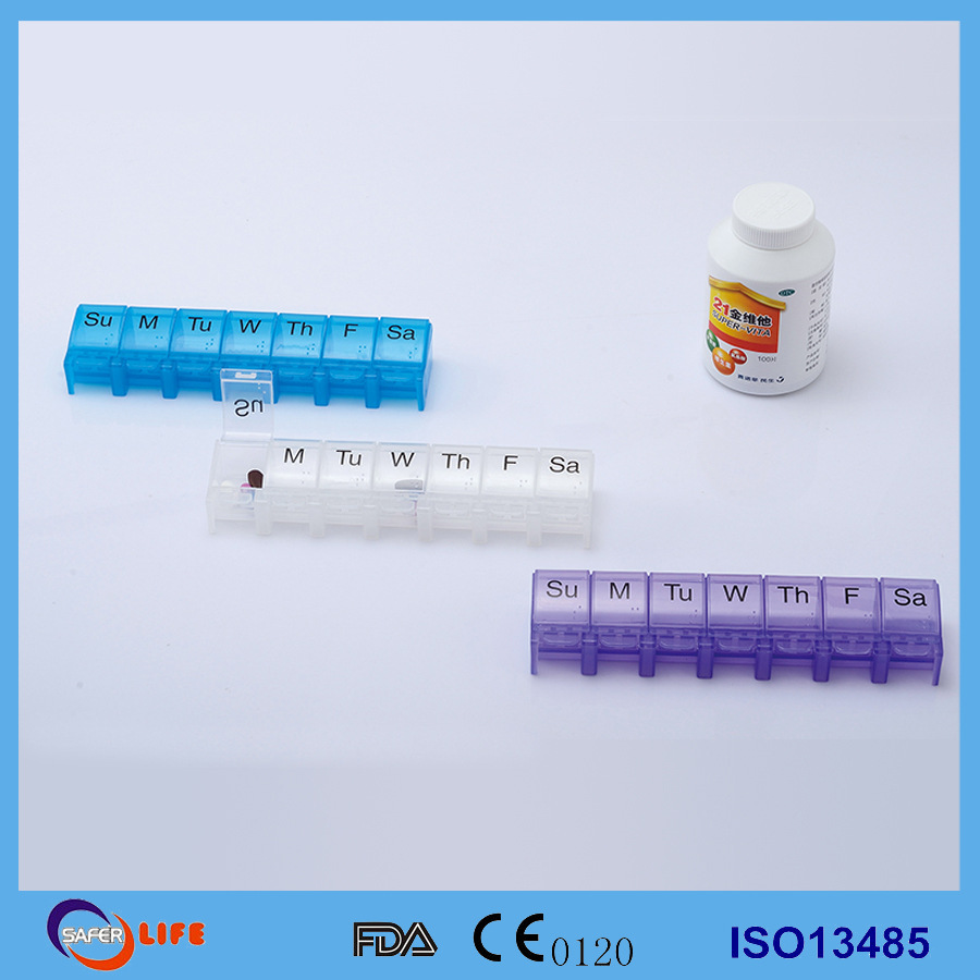 亚马逊长条形按钮7格药盒 环保塑料7天星期药盒 便携保健品收纳盒