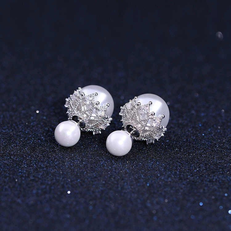  серебряная игла из жемчуга, двусторонние серьги, цирконий, проба серебро 925, корейский стиль, простой и элегантный дизайн, микро инкрустация