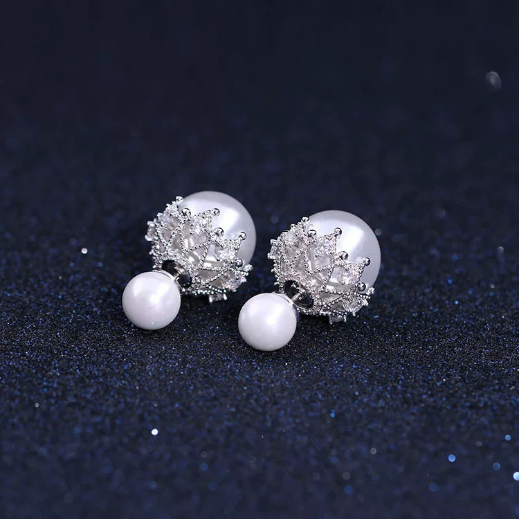  серебряная игла из жемчуга, двусторонние серьги, цирконий, проба серебро 925, корейский стиль, простой и элегантный дизайн, микро инкрустация