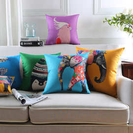 色彩艳丽彩绘大象沙发抱枕 棉麻数码印花靠垫 专业来图定制生产