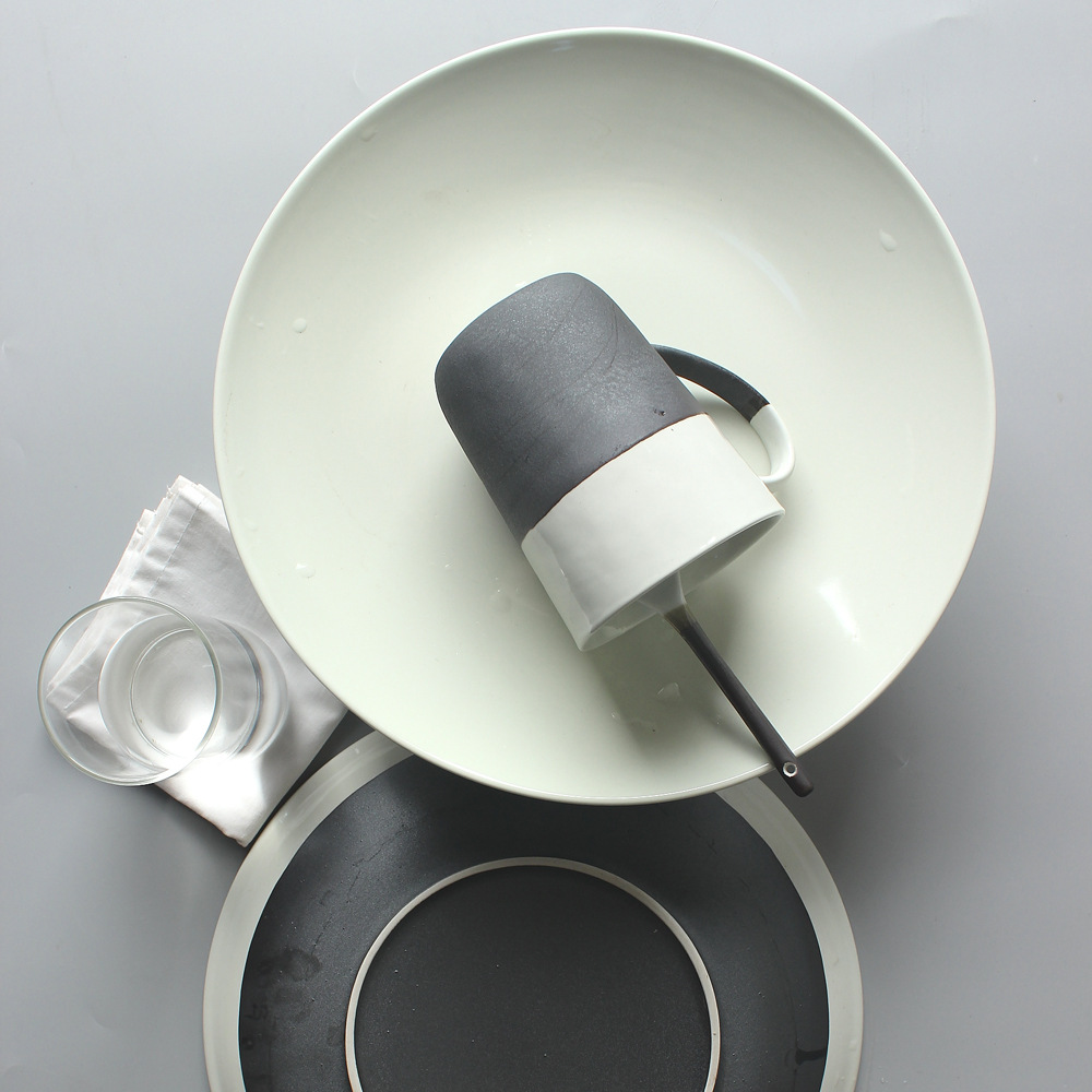 Creativo blanco y negro de cerámica vajilla traje restaurante tazón de arroz tazón de fideos hogar plato de cerámica ensalada taza