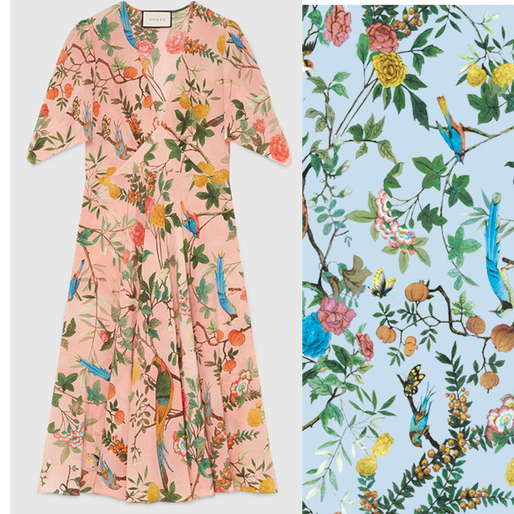 2018春夏新款D*G家花鸟图数码碎花印花时装面料布料加工批发市场