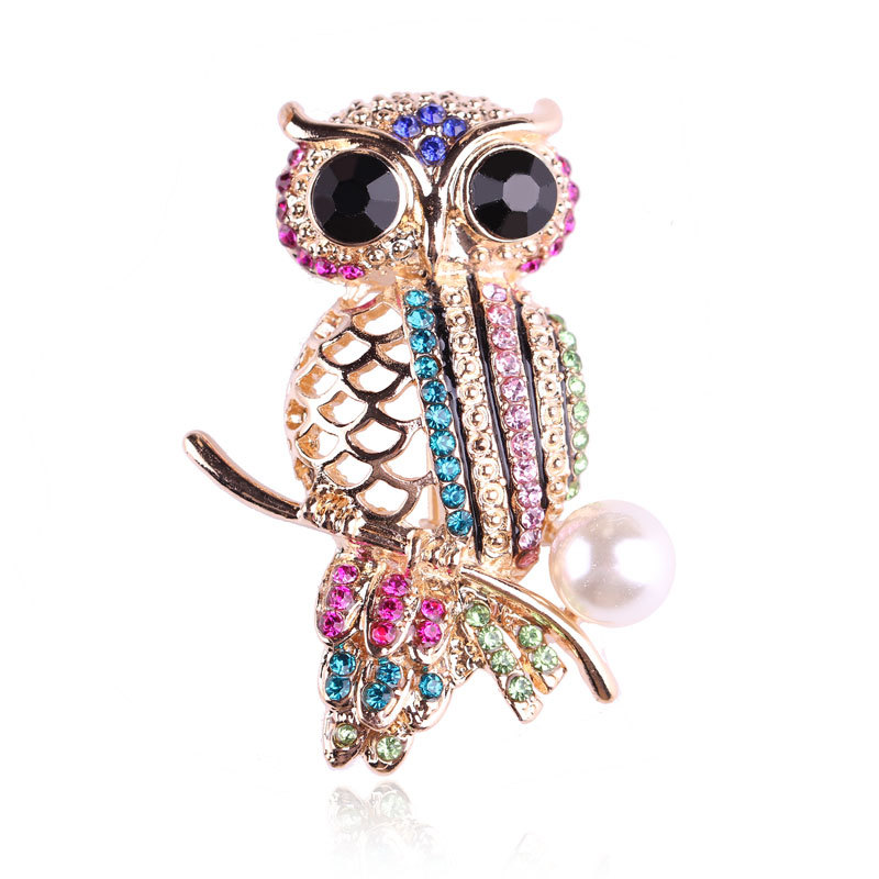 fashion creative Korean version of the personality color diamond animal owl brooch men and women clothing accessories_voghion.com