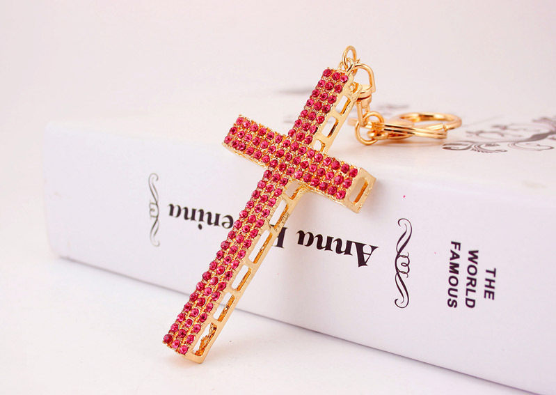 34g Weight Alloy, Metal Material Heart Pattern Men'S Gender White, Pink, Purple, Blue Color Christian Gift Cute Korean Car Pendant Full Diamond Cross Keychain 3