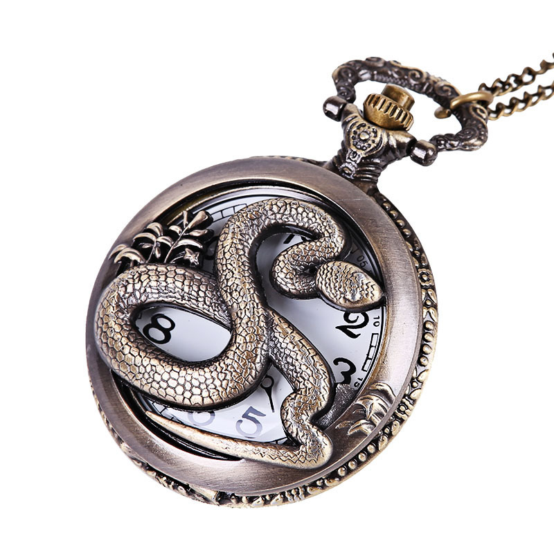 Large Classical Electronic Watch Carved Python Cutout Pocket Watch Bronze Embossed Animal Pattern Pocket Watch 2114