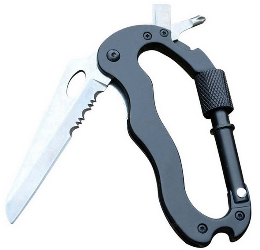 户外野营多功能快挂安全登山扣 钥匙扣螺丝刀开瓶工具 折叠小刀