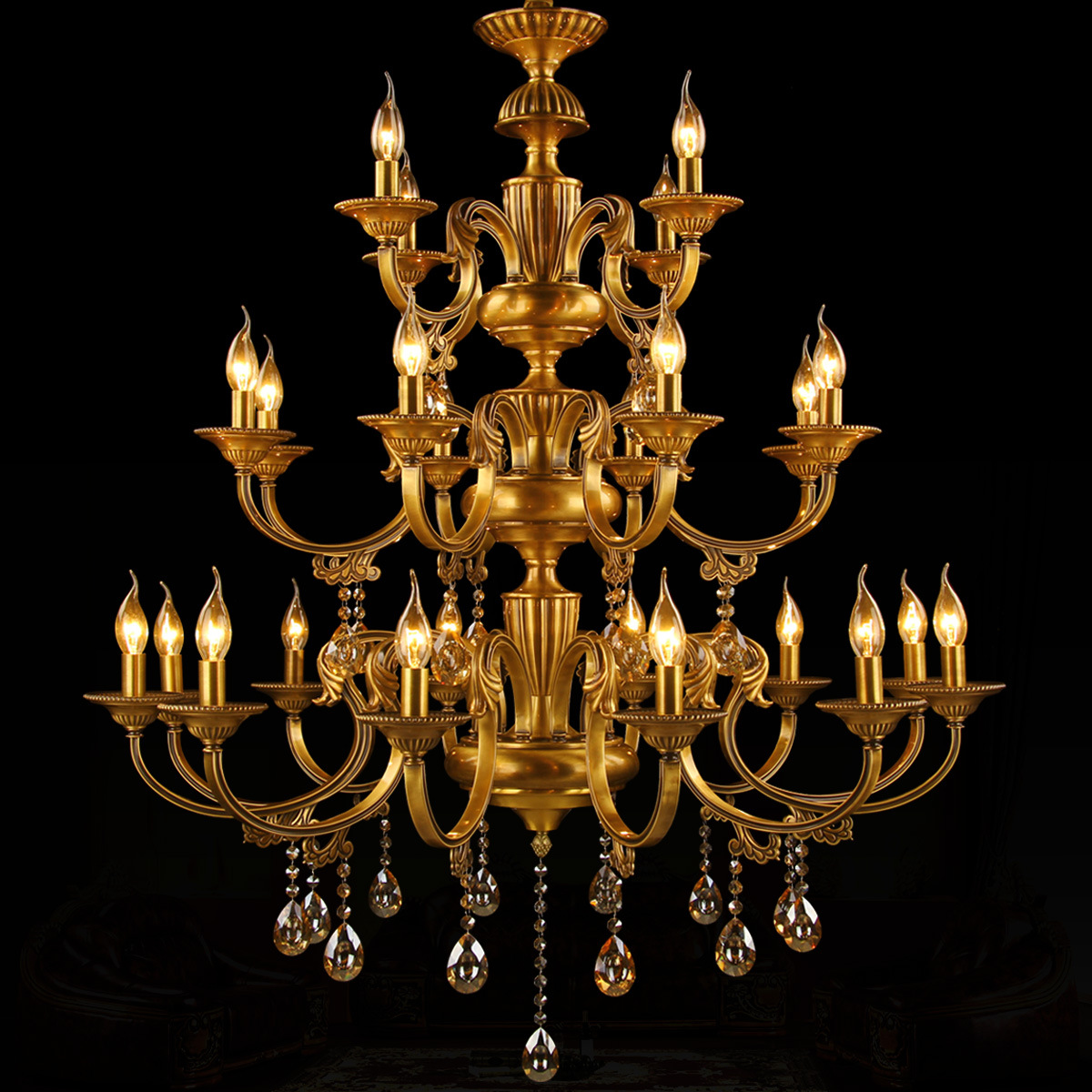 欧式全铜吊灯水晶大客厅酒店别墅灯三层24头蜡烛灯具灯饰1659