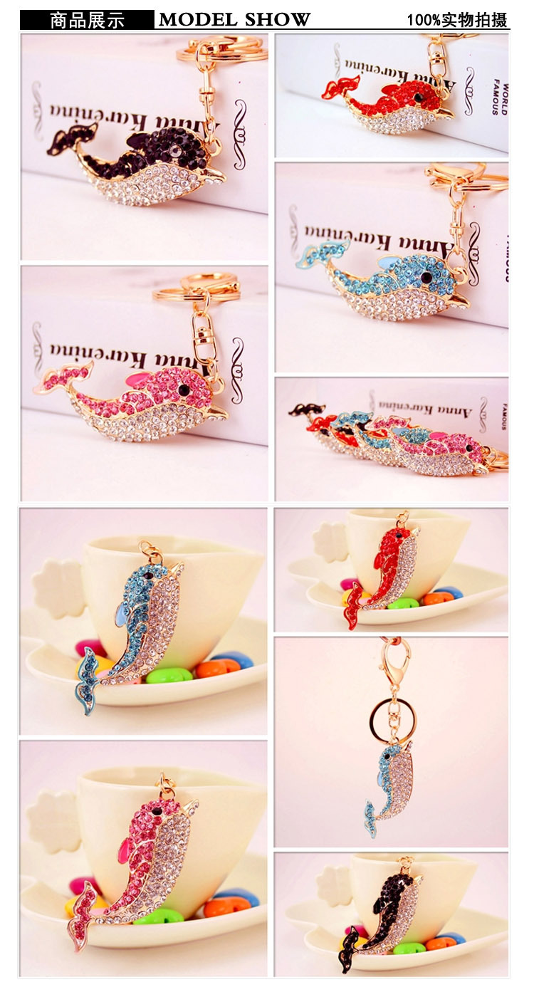 34g Weight Alloy, Metal Material Animal Pattern Unisex Gender Pink, Red, Blue, Black Color  Creative Cute Rhinestone Dolphin Keychain 无