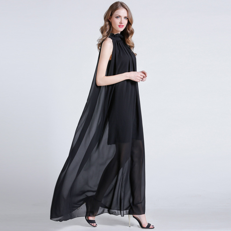 collar chiffon belt waist A-line slim sleeveless long dress NSJR51585