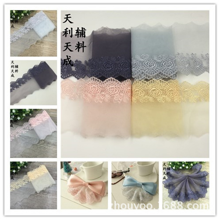 厂家直销粉色涤纶丝网纱刺绣diy头饰蝴蝶结蕾丝装饰布料花边辅料