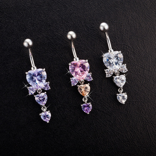 Three heart-shaped zircon bow belly button buttons, foreign trade hot-selling personalized belly button rings, body piercing jewelry wholesale