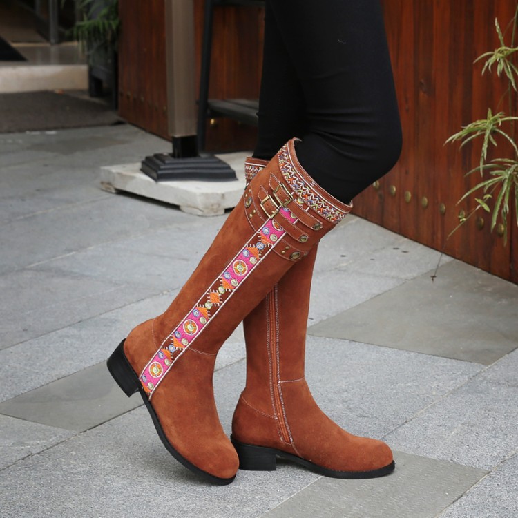 2016秋冬季新款民族風刺繡花邊皮帶扣騎士靴高筒靴子真皮女靴