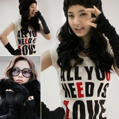 X 韩版手套半指手套女冬可爱 秋冬季长手套手臂套 露指毛线手套|ru