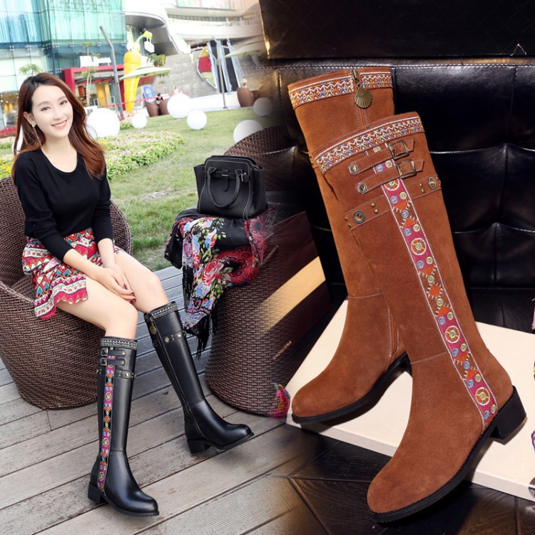 2016秋冬季新款民族風刺繡花邊皮帶扣騎士靴高筒靴子真皮女靴