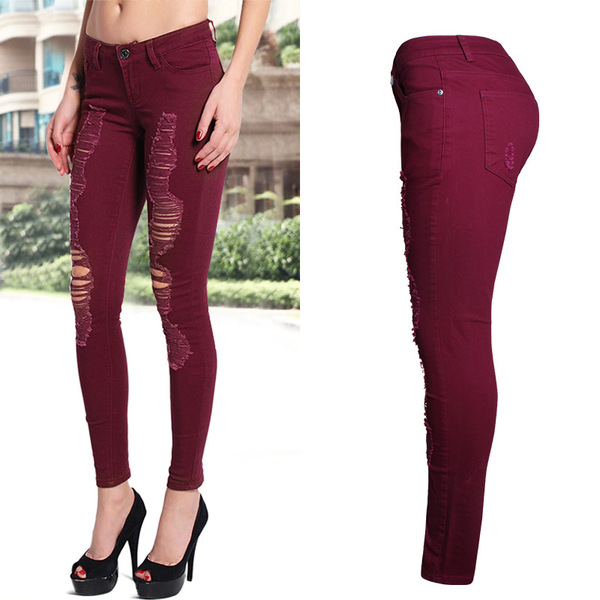 The fall of popular beggar hole thin women personality stretch slim pants color pants trousers and blast wave model