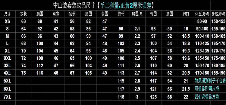 中山裝套裝尺碼表