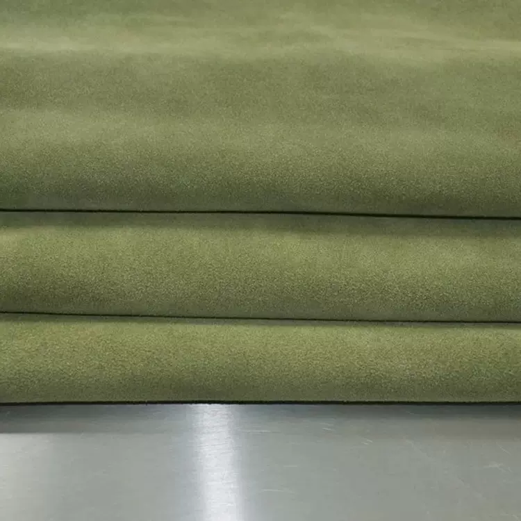 二层军绿色高丝光牛反毛真皮皮料批发  翻毛牛皮丝光牛反绒厂家