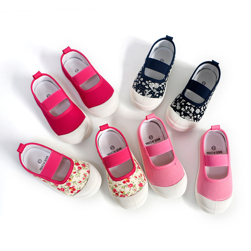 Nanlu Factory Children's Shoes Wholesale 2024 Children's Canvas Shoes Plain Mouth Slip-on Shoes with Elastic and Small Flower Patterns Square Mouth Girls' Shoes