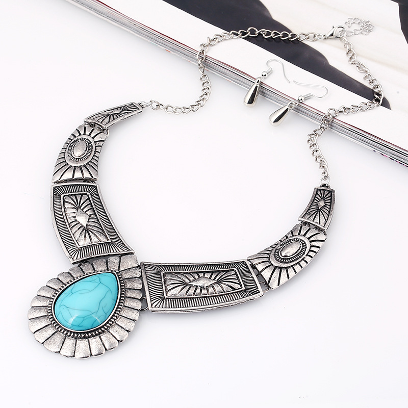 Water Droplets, Rhombus Pattern Retro Ethnic Style Water Droplets Rhombus Turquoise Alloy Wholesale Earrings Necklace