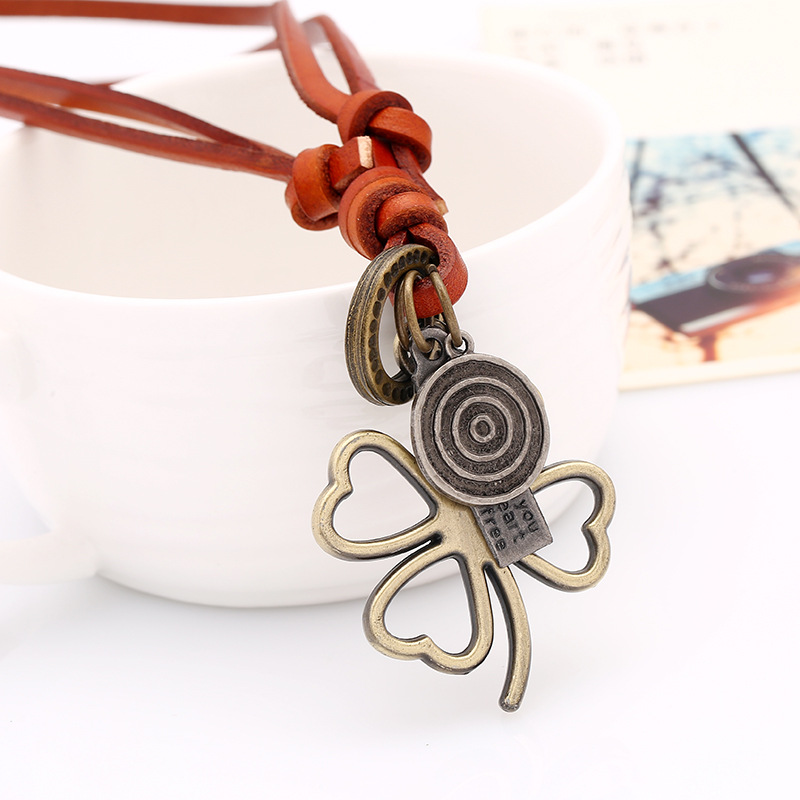 Vintage leather rope necklace womens long sweater chain alloy grass cowhide necklacepicture3
