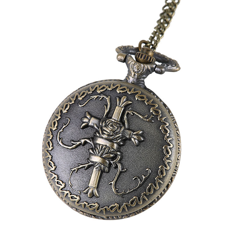 Embossed Lace Frosted Texture Pocket Watch Rose Vine Wrap Cross Large Quartz Pocket Watch 68798745