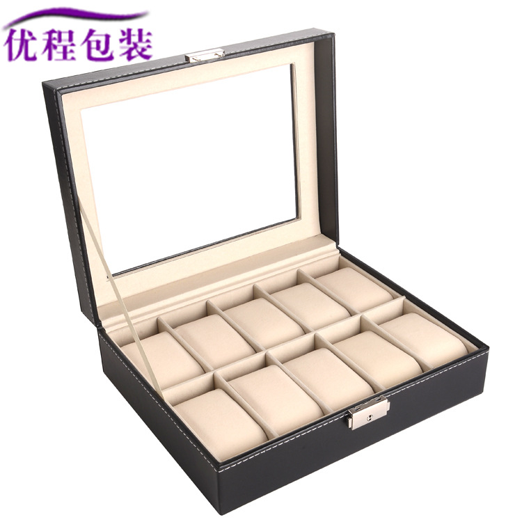 现货批发一字锁10位手表盒皮质手表盒子pu皮革手表收纳箱厂家