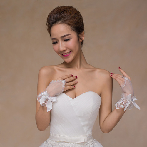 Bridal Wedding Gloves Flower Lace Bridal Wedding Ceremony Toast Wear Short Gloves White/Red 1005