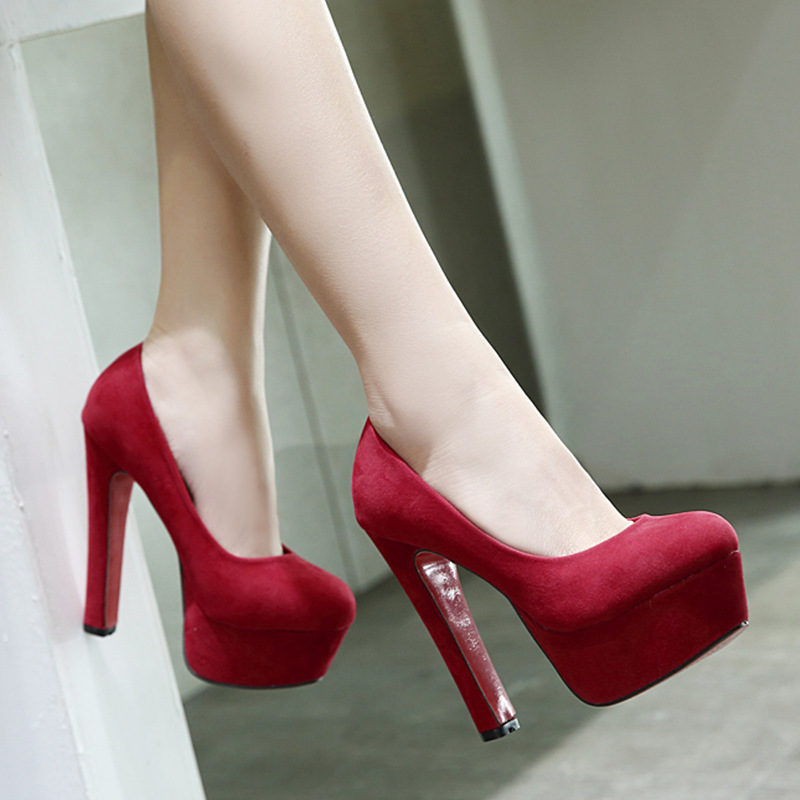 歐美性感複古絨面寶紅色高跟鞋女圓頭淺口防水台細跟夜店公主單鞋