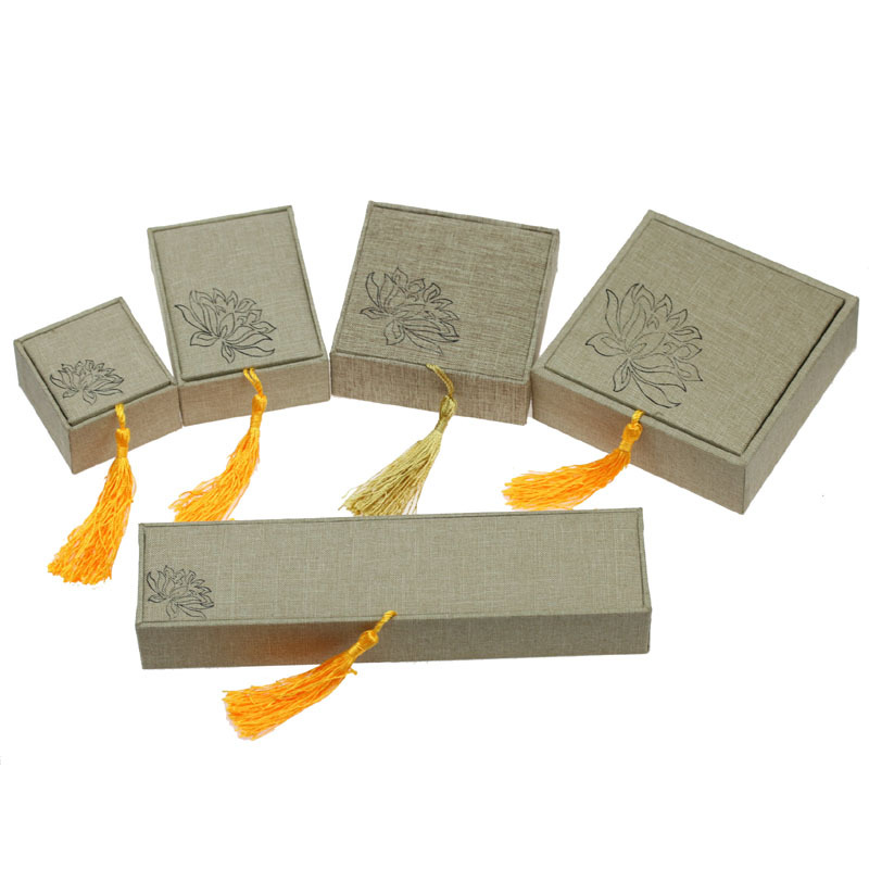 珠宝盒首饰盒包装盒 戒指吊坠手镯项链盒 木珠手串盒 麻布荷花盒