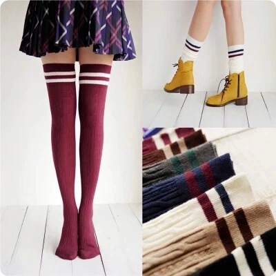 Meilaoshi spring and autumn Korean style student stockings twist striped two bars over the knee cotton stockings women's socks