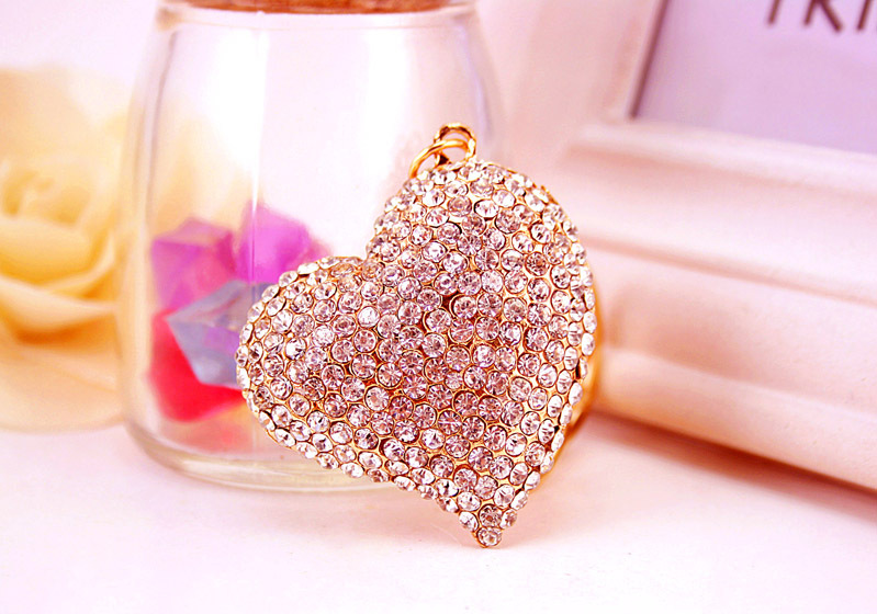 38g Weight Alloy, Metal Material Heart Pattern Unisex Gender White Color Kuxi Ornament White Rhinestone Peach Heart Car Key Ring Metal Pendant Women's Bag Accessories Couple Love Key Chain 4